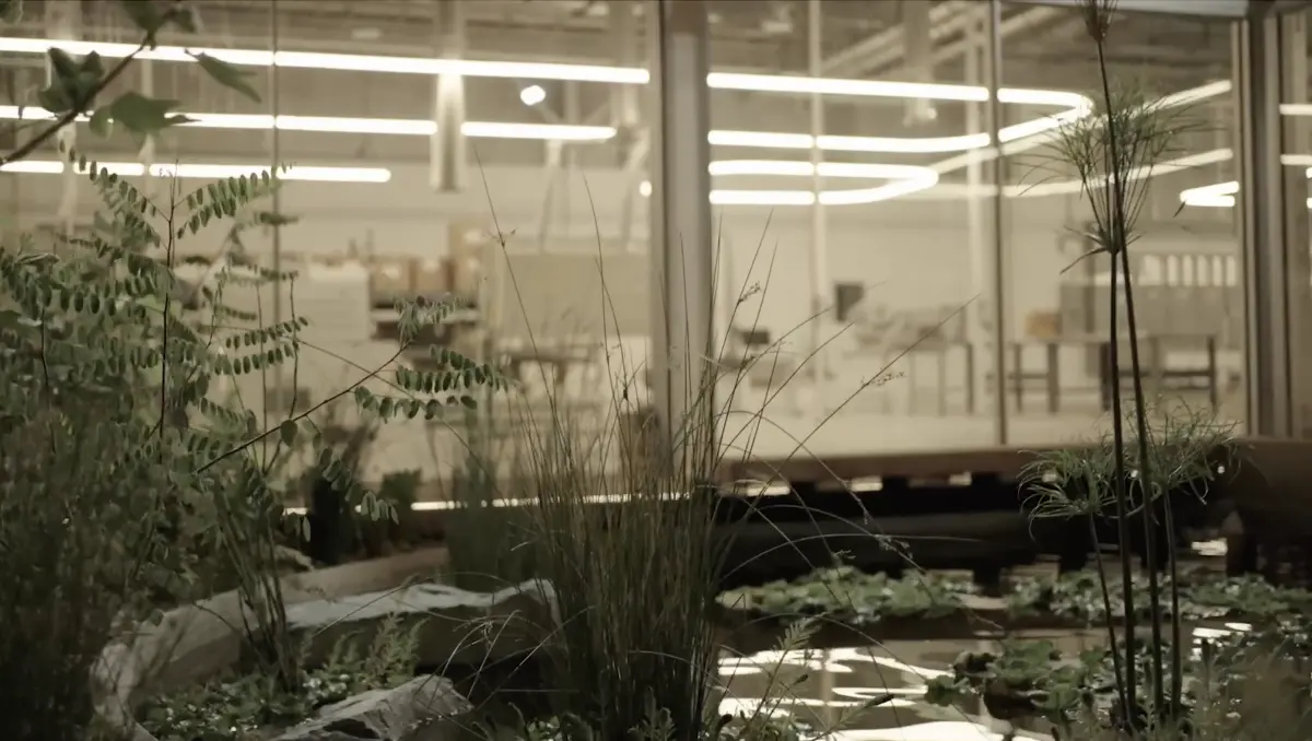 Automated Knitting Facility, Garden with Harvested Rainwater Pool — Photo (Video Still): KX Lab. Mads Bjørn Christiansen
